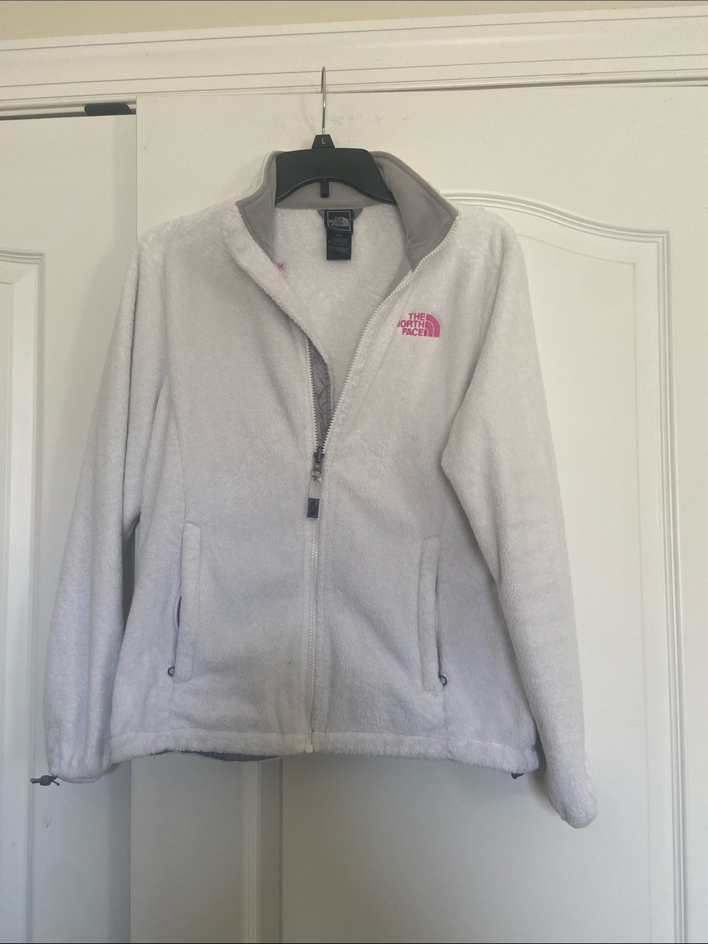The North Face Women's Cream Teddy Fleece Jacket with Pink Logo